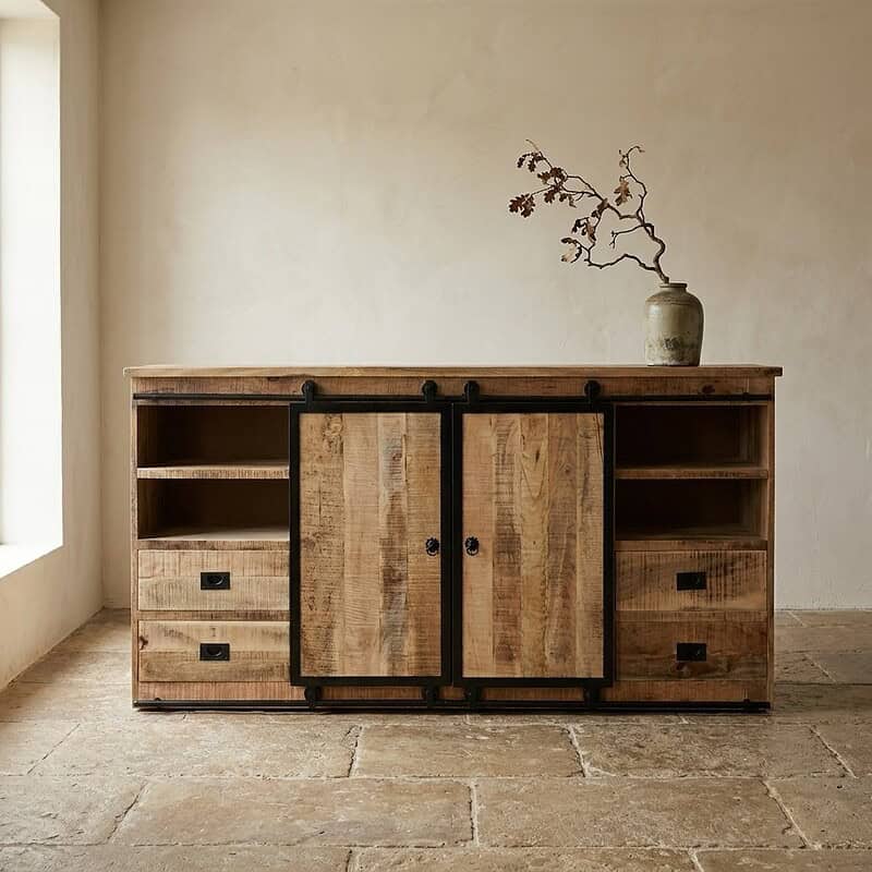 Vintage houten dressoir met zwarte metalen handgrepen en schuifdeuren, perfect voor een landelijke of industriële interieurstijl.