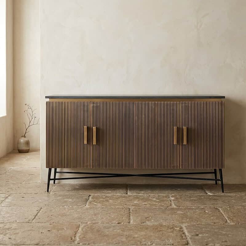 Moderne houten kast met verticale lamellen en zwarte metalen poten, perfect voor een eigentijdse woonkamer of slaapkamer. Gemaakt door Mokana Meubelen, combineert stijl en functionaliteit.