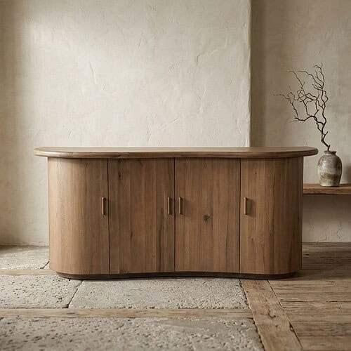 Elegante houten buffetkast met afgeronde hoeken, perfect voor een moderne en natuurlijke interieurstijl. Gemaakt van hoogwaardig hout, biedt ruime opbergruimte en een stijlvolle uitstraling.