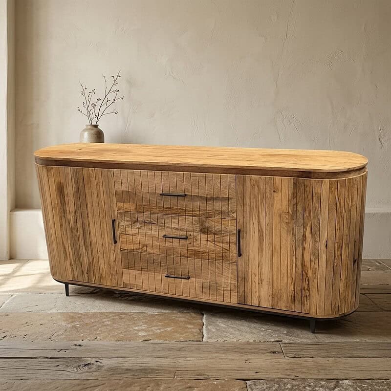 Elegant houten dressoir met 3 laden en 2 deuren, perfect voor moderne en landelijke interieurs, gemaakt van duurzaam hout, met een natuurlijke afwerking.