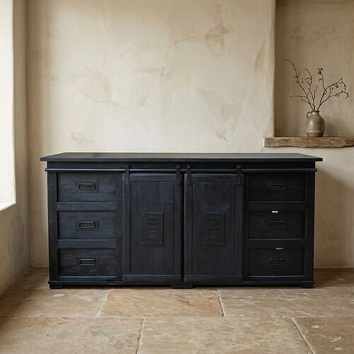 Vintage zwarte houten dressoir met lades en schuifdeuren, perfect voor opbergen en decoratie in woonkamer of eetkamer.