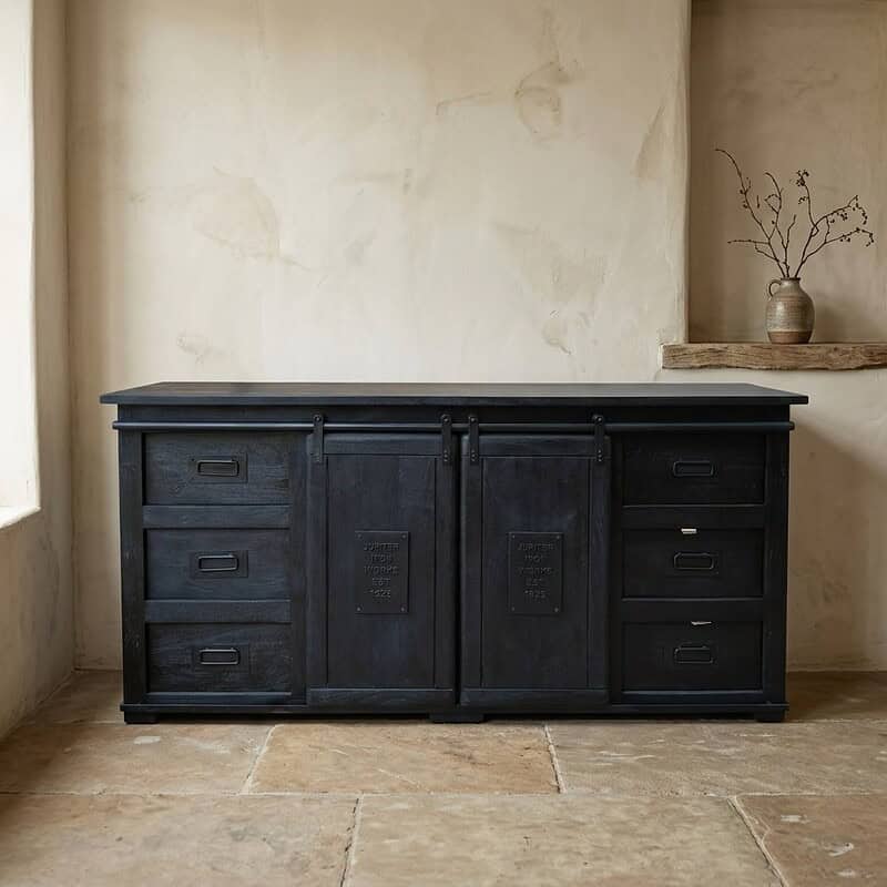 Vintage zwarte houten dressoir met lades en schuifdeuren, elegant meubelstuk voor woonkamer of eetkamer. Vintage zwarte houten dressoir met lades en schuifdeuren, perfect voor opbergen en decoratie in woonkamer of eetkamer.