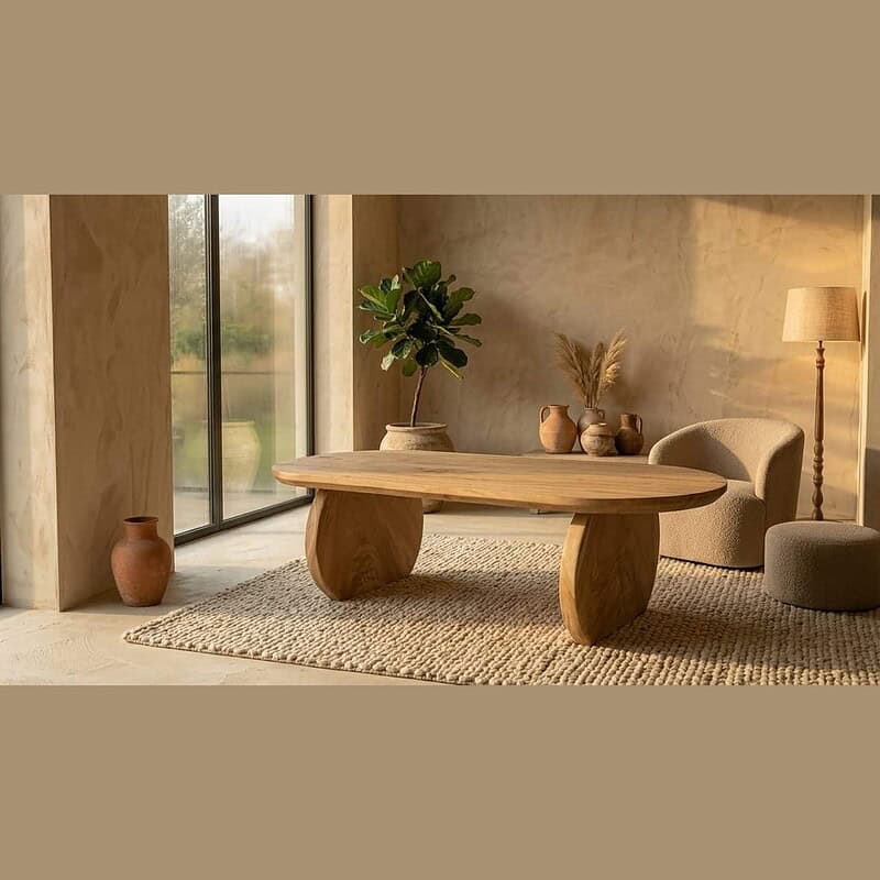 Moderne massief houten eettafel in een stijlvolle woonkamer met natuurlijke decoratie en grote ramen, perfect voor een warme en gezellige eetruimte.