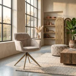 Eetkamerstoel Aline khaki velvet swivel fire retardant, in zand, sfeerimpressie