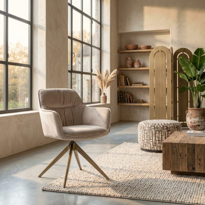 Eetkamerstoel Aline khaki velvet swivel fire retardant, in zand, sfeerimpressie