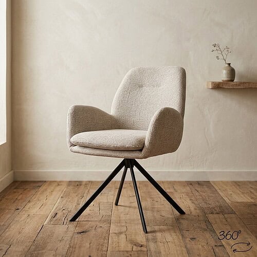 Comfortabele houten draaistoel met zachte bekleding, perfect voor moderne woonkamers en kantoorruimtes.