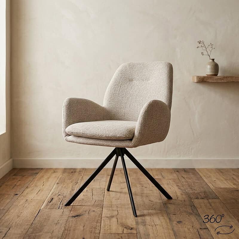 Comfortabele houten draaistoel met zachte bekleding, perfect voor moderne woonkamers en kantoorruimtes.