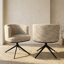 Twee moderne draaistoelen met ronde rugleuning en gestoffeerde zitting, geplaatst op een lichte vloer in een minimalistische interieursetting.
