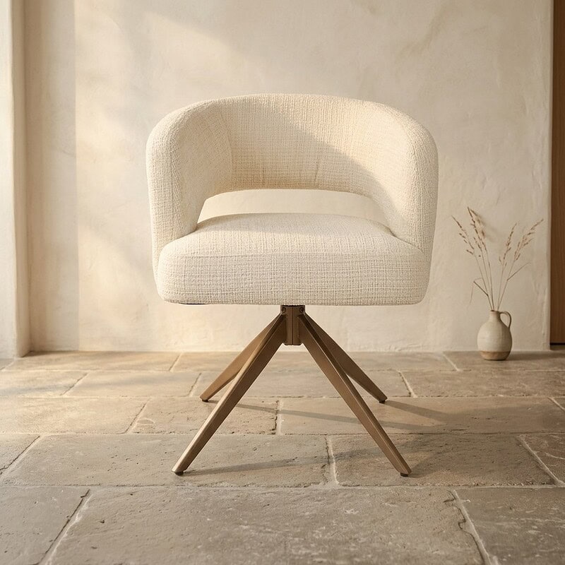 Moderne houten draaifauteuil met zachte beige bekleding, perfect voor een stijlvolle en comfortabele zithoek. Gemaakt van hoogwaardige materialen, ideaal voor interieurdecoratie.