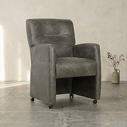 Elegante grijze fauteuil met wieltjes, perfect voor een moderne woonkamer of kantoorruimte, biedt comfort en stijl met een strak ontwerp en zachte bekleding.
