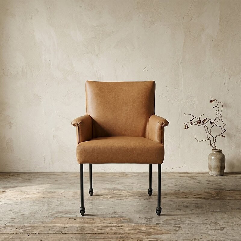 Ein eleganter Holzsessel mit Lederbezug und Metallbeinen, perfekt für ein modernes Wohnzimmer oder Büro.