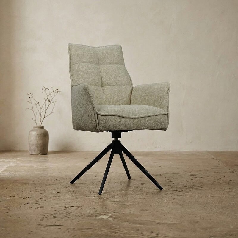 Moderne Mokana designstoel met draaibasis, comfortabel en stijlvol, perfect voor kantoor of woonkamer, in een neutrale kleur met minimalistisch ontwerp.