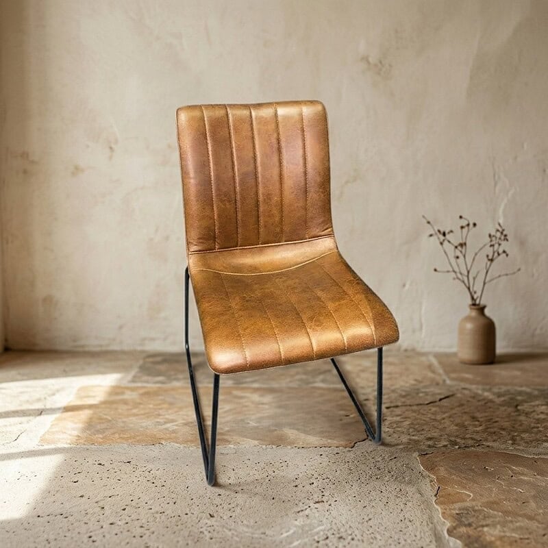 Elegante houten eetkamerstoel met leren bekleding en metalen poten, perfect voor een moderne eetkamer of woonkamer.