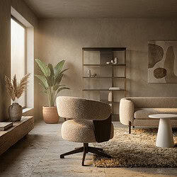 Moderne woonkamer met houten meubels, grote ramen en gezellige sfeer, perfect voor een stijlvolle en comfortabele leefruimte.