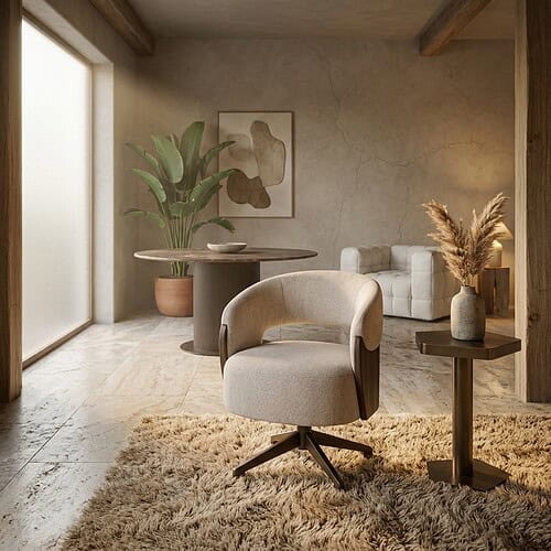 Eetkamerstoel Pollux lodge desert walnut met armleuning in brass antique bruin draaibaar