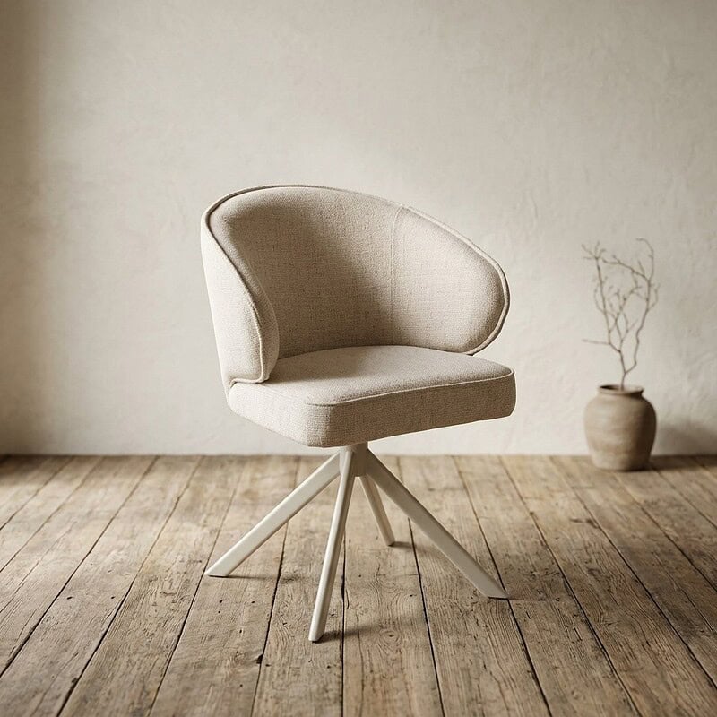 Moderne houten draaistoel met zachte stoffen bekleding, perfect voor een stijlvolle en comfortabele zithoek.