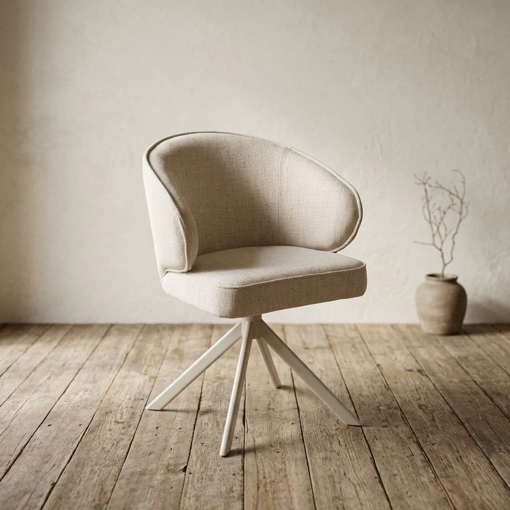 Moderne houten draaistoel met zachte stoffen bekleding, perfect voor een stijlvolle en comfortabele zithoek.