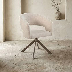 Moderne houten draaistoel met zachte stoffen bekleding, perfect voor een stijlvolle en comfortabele zithoek.