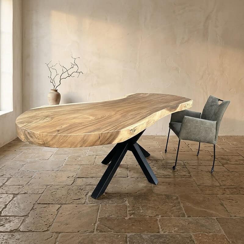 Moderne houten eettafel met uniek gevormd blad en zwart onderstel, perfect voor een stijlvolle eetkamer.