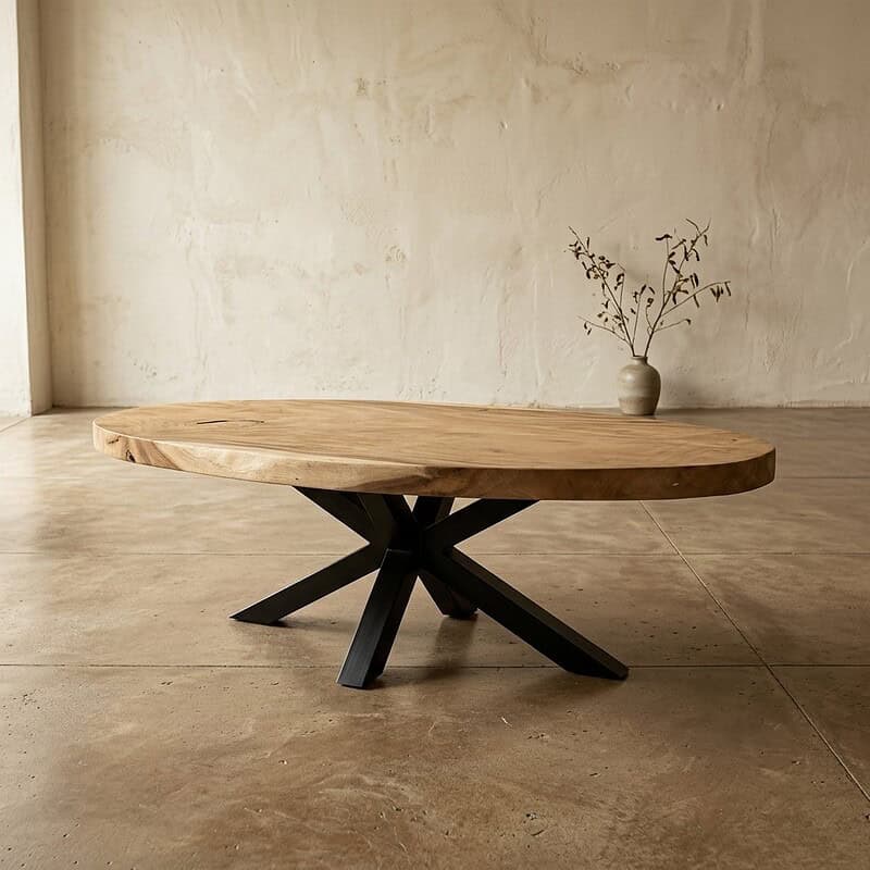 Moderne eettafel van massief hout met zwart metalen onderstel, perfect voor een eigentijdse eetkamer of woonkamer, gecombineerd met minimalistisch interieur.