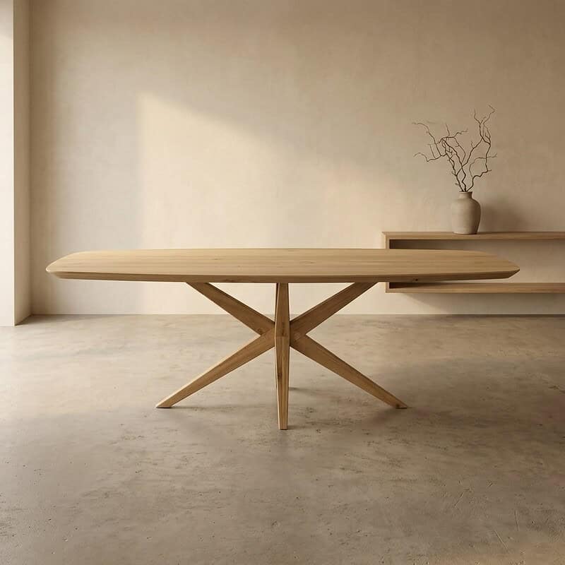 Strakke massief houten eettafel met minimalistisch design, perfect voor moderne interieurs en eetkamers. Gemaakt van hoogwaardig hout, biedt duurzaamheid en stijl.