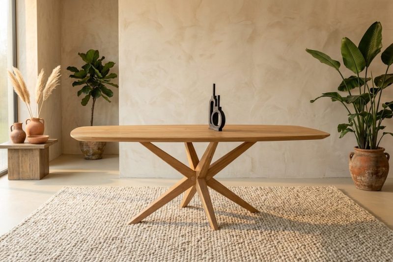 Moderne massief houten eettafel in een minimalistisch interieur, omringd door planten en natuurlijke decoratie, perfect voor een stijlvolle eetruimte.