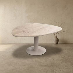 Moderne witte salontafel met houten blad en centrale poot, perfect voor een minimalistische woonkamer.
