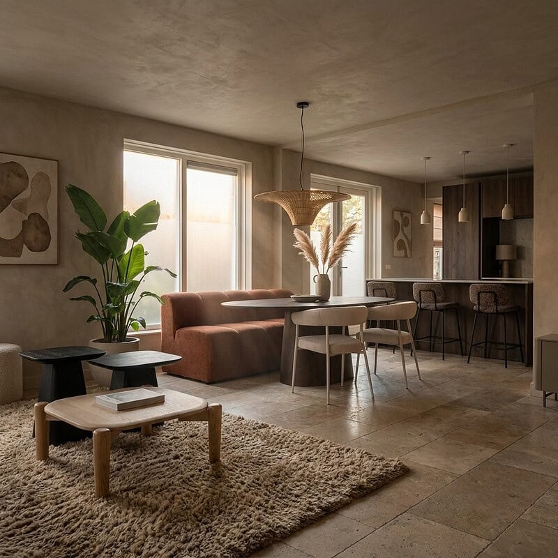 Gezellige woonkamer met grote ramen, comfortabele bank, houten meubels en groene planten, perfect voor een warme en uitnodigende sfeer.