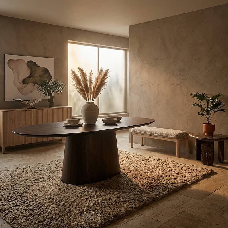 Moderne eettafel met natuurlijke houtafwerking in een sfeervolle, minimalistische eetkamer met zachte verlichting en decoratieve planten.