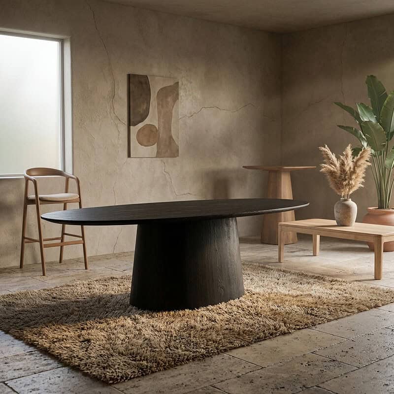 Moderne eettafel met zwart houten blad en massief houten basis, perfect voor een stijlvolle eetkamer of vergaderruimte.