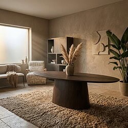 Elegante houten eettafel in een minimalistisch en warm interieur met natuurlijke decoraties en zachte verlichting. Perfect voor een stijlvolle en gezellige eetruimte.