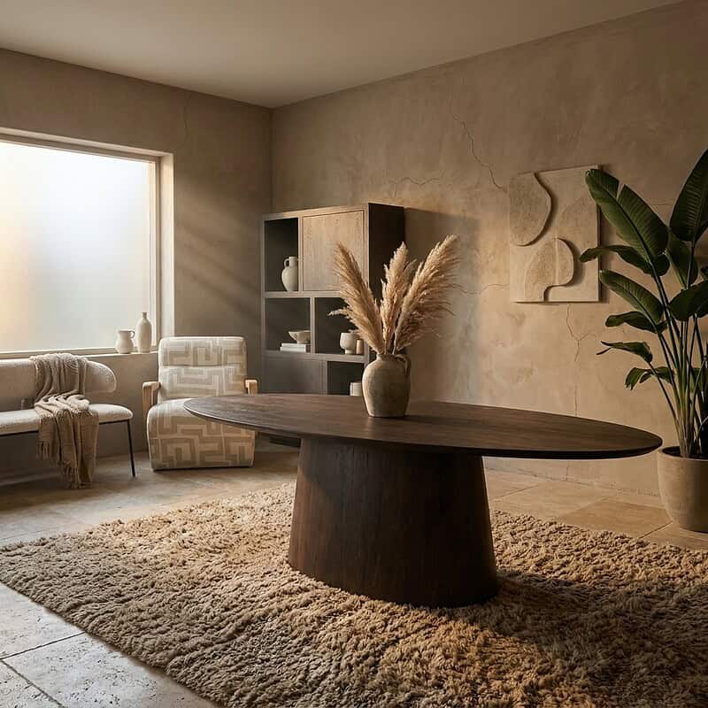 Elegante houten eettafel in een minimalistisch en warm interieur met natuurlijke decoraties en zachte verlichting. Perfect voor een stijlvolle en gezellige eetruimte.