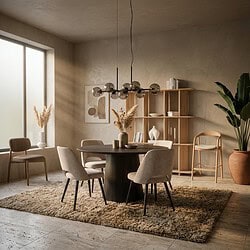 Gezellige eethoek met houten tafel, comfortabele stoelen en stijlvolle decoratie in een natuurlijk verlichte ruimte.