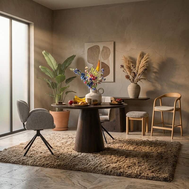 Gezellige eethoek met ronde houten tafel, bloemen, diverse stoelen en natuurlijke decoratie in een lichte, minimalistische kamer.