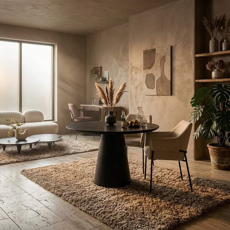 Gezellige woonkamer met moderne meubels, een ronde tafel, comfortabele stoelen en natuurlijke decoraties, perfect voor een stijlvolle en warme woonruimte.