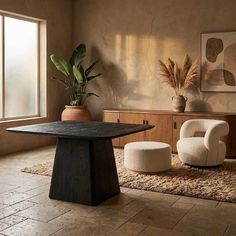Moderne eettafel en comfortabele fauteuil in een minimalistische woonkamer met natuurlijke decoratie en zachte verlichting.