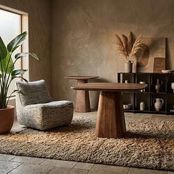 Houten eettafel en comfortabele stoel in een modern, minimalistisch interieur met natuurlijke tinten en decoratieve elementen. Perfect voor een stijlvolle en gezellige eetruimte.