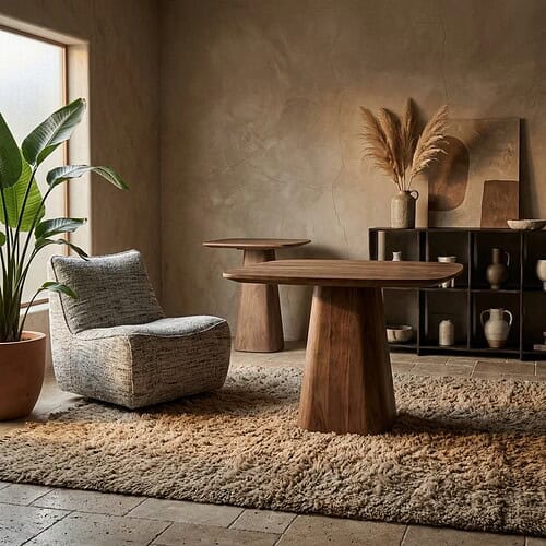 Houten eettafel en comfortabele stoel in een modern, minimalistisch interieur met natuurlijke tinten en decoratieve elementen. Perfect voor een stijlvolle en gezellige eetruimte.