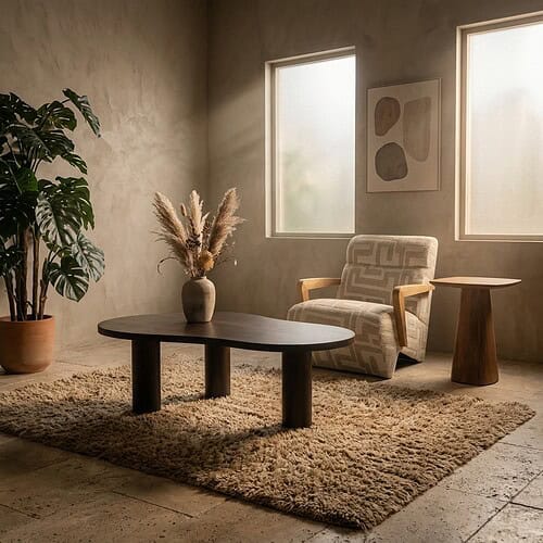 Gezellige woonkamer met Mokana meubelen, inclusief een comfortabele armstoel, een ronde salontafel en een bijzettafel, in een minimalistische en natuurlijke stijl.