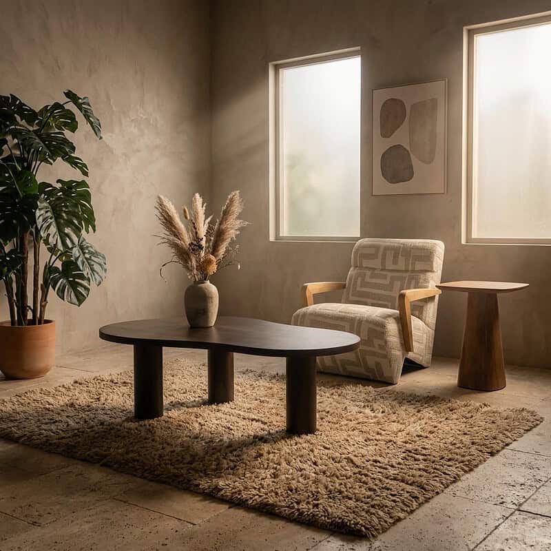 Gezellige woonkamer met Mokana meubelen, inclusief een comfortabele armstoel, een ronde salontafel en een bijzettafel, in een minimalistische en natuurlijke stijl.