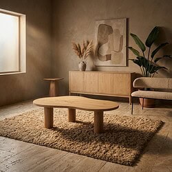 Moderne lichtbruine eettafel Bobbie in een minimalistisch interieur met natuurlijke decoratie en zachte verlichting. Perfect voor een stijlvolle en gezellige eetruimte.