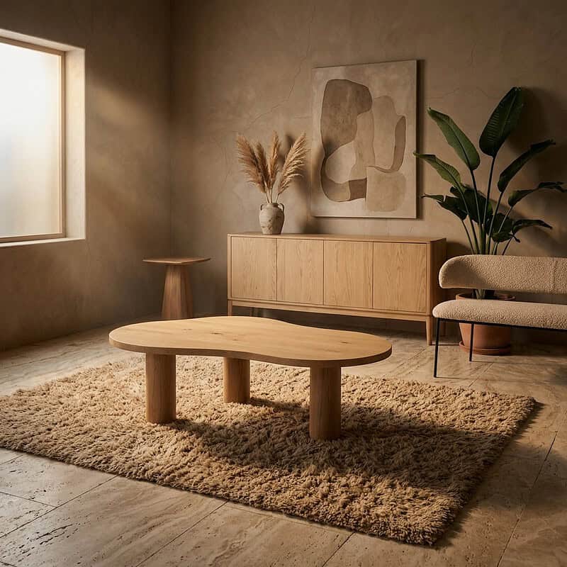 Moderne lichtbruine eettafel Bobbie in een minimalistisch interieur met natuurlijke decoratie en zachte verlichting. Perfect voor een stijlvolle en gezellige eetruimte.