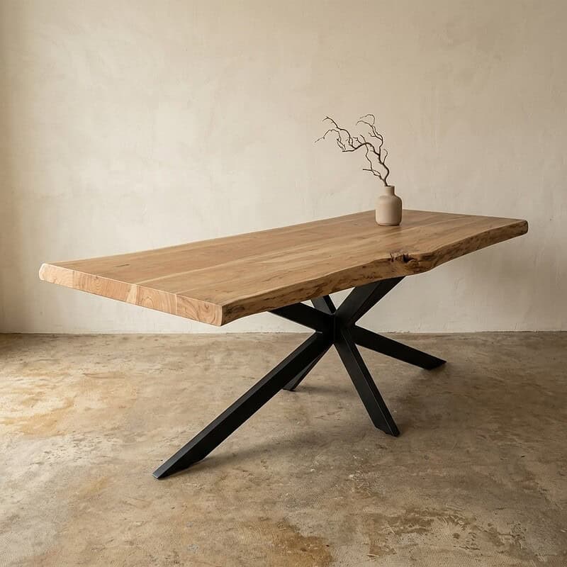 Moderne houten eettafel met uniek zwart metalen onderstel, perfect voor een stijlvolle eetkamer of vergaderruimte. Gemaakt van massief hout met een natuurlijke afwerking.