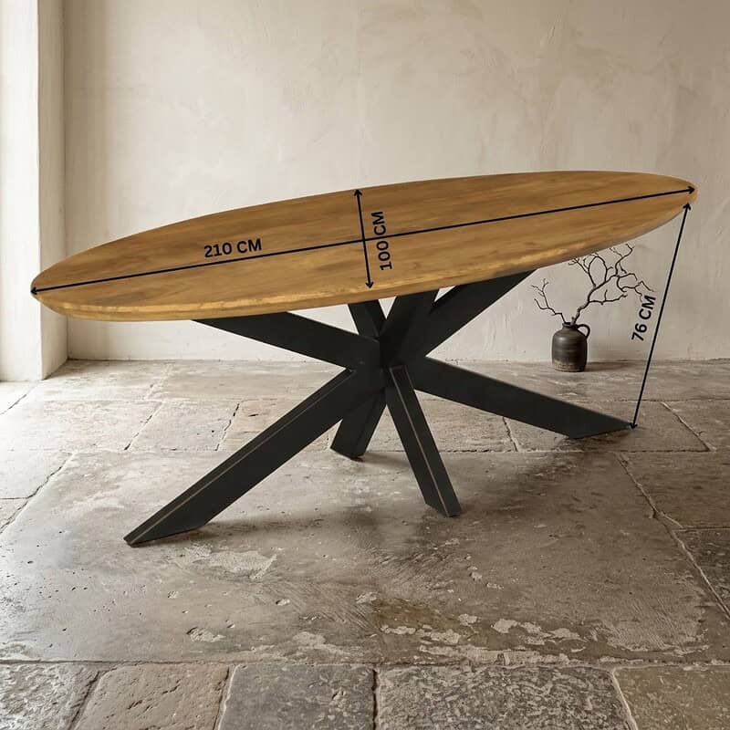 Moderne eettafel met houten blad en zwart metalen onderstel, geschikt voor eetkamers en keukens, duurzaam en stijlvol design.
