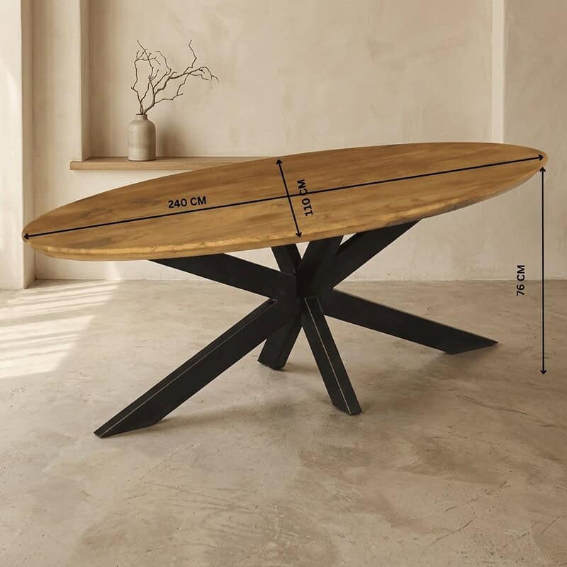 Moderne eettafel van massief hout met uniek zwart metalen onderstel, 240 cm lang, 110 cm breed, 76 cm hoog, perfect voor een stijlvolle eetkamer.