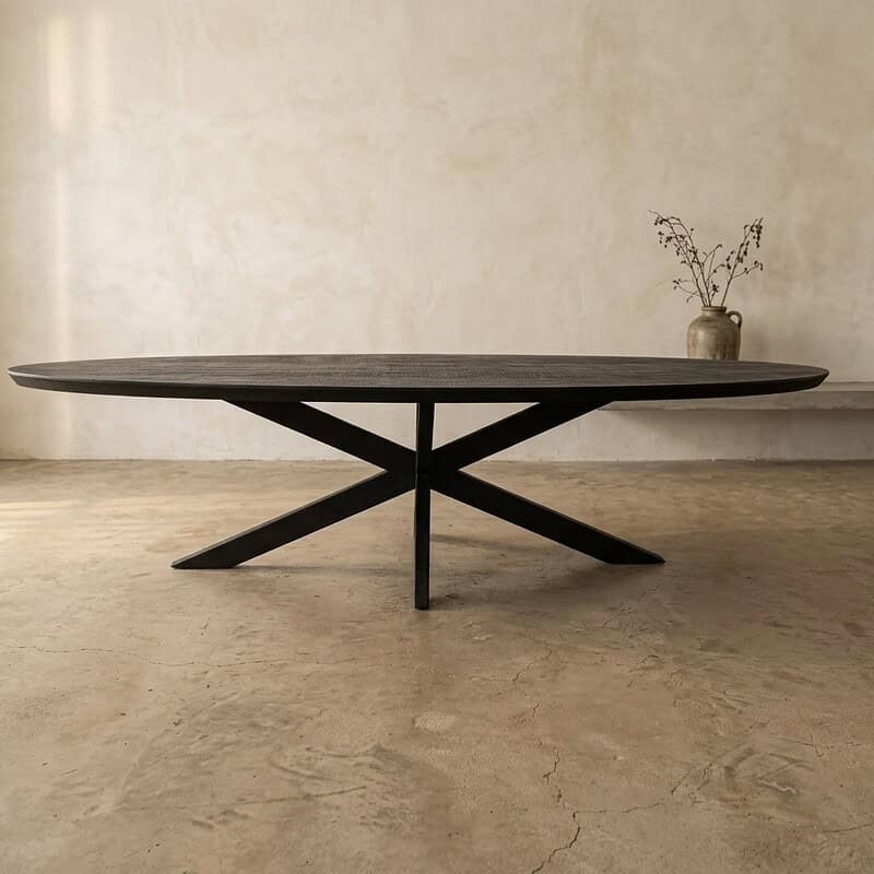 Moderne houten eettafel met X-poot ontwerp, perfect voor een stijlvolle eetkamer of vergaderruimte, gemaakt van hoogwaardig hout voor duurzaamheid en elegantie.