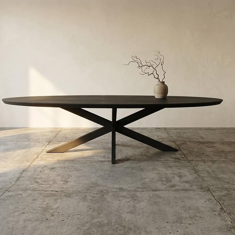 Moderne eettafel met strakke lijnen en natuurlijke houtafwerking, perfect voor een eigentijdse eetkamer of woonruimte.