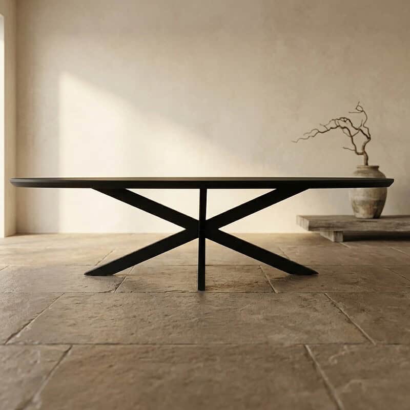 Strakke houten eettafel met zwart metalen onderstel, perfect voor een moderne eetkamer. Gemaakt van hoogwaardig hout, combineert functionaliteit met stijl.