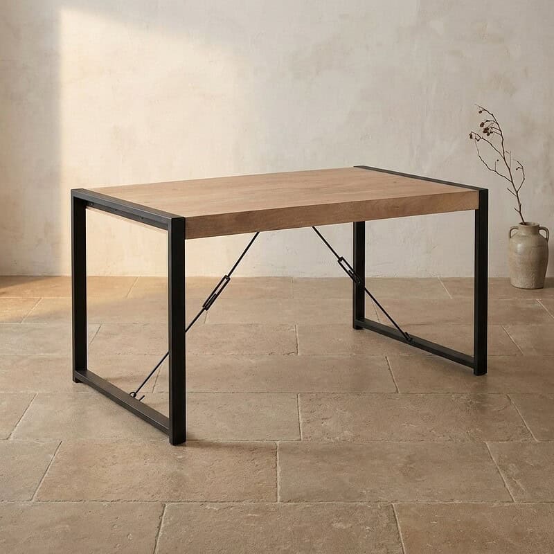 Moderne eettafel met houten blad en zwart metalen frame, perfect voor een eigentijdse eetkamer of kantoorruimte. Duurzaam en stijlvol design voor dagelijks gebruik.