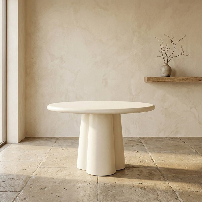 Wit eettafel met uniek design in een minimalistische, lichte woonkamer, perfect voor moderne eetruimtes en stijlvolle interieurs.